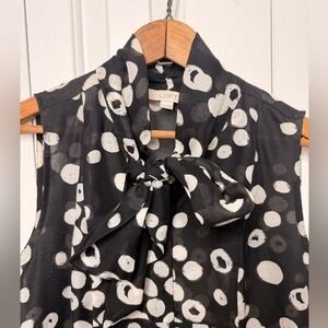 LOFT Black and White Tie-Neck Blouse